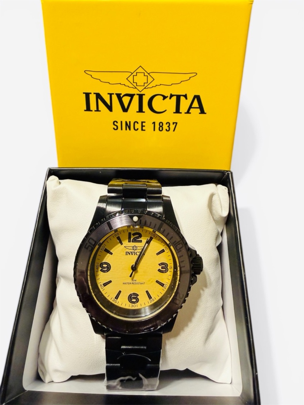 Invicta Black Stainless Watch with Yellow Dial and Bracelet
